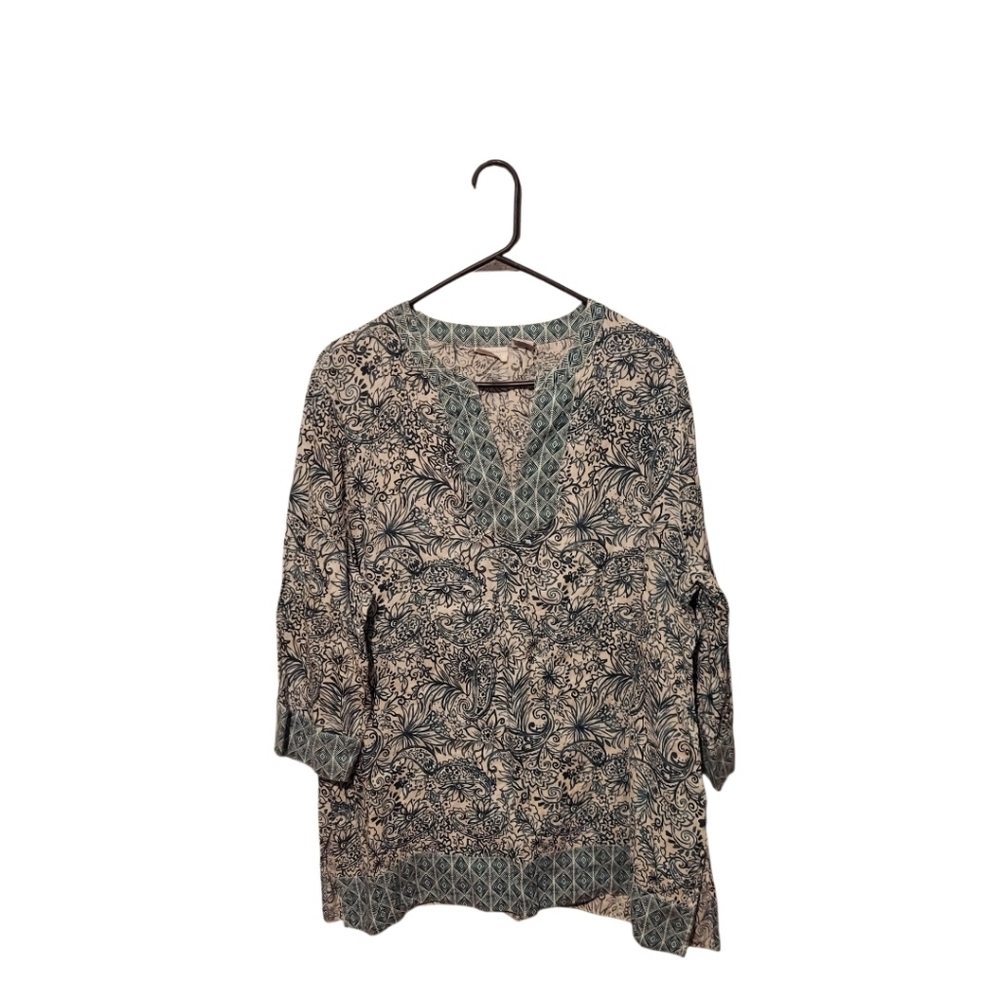 Sigrid Olsen 100% Linen Floral Paisley Boho Tunic Top Sz XL Blue White Coastal